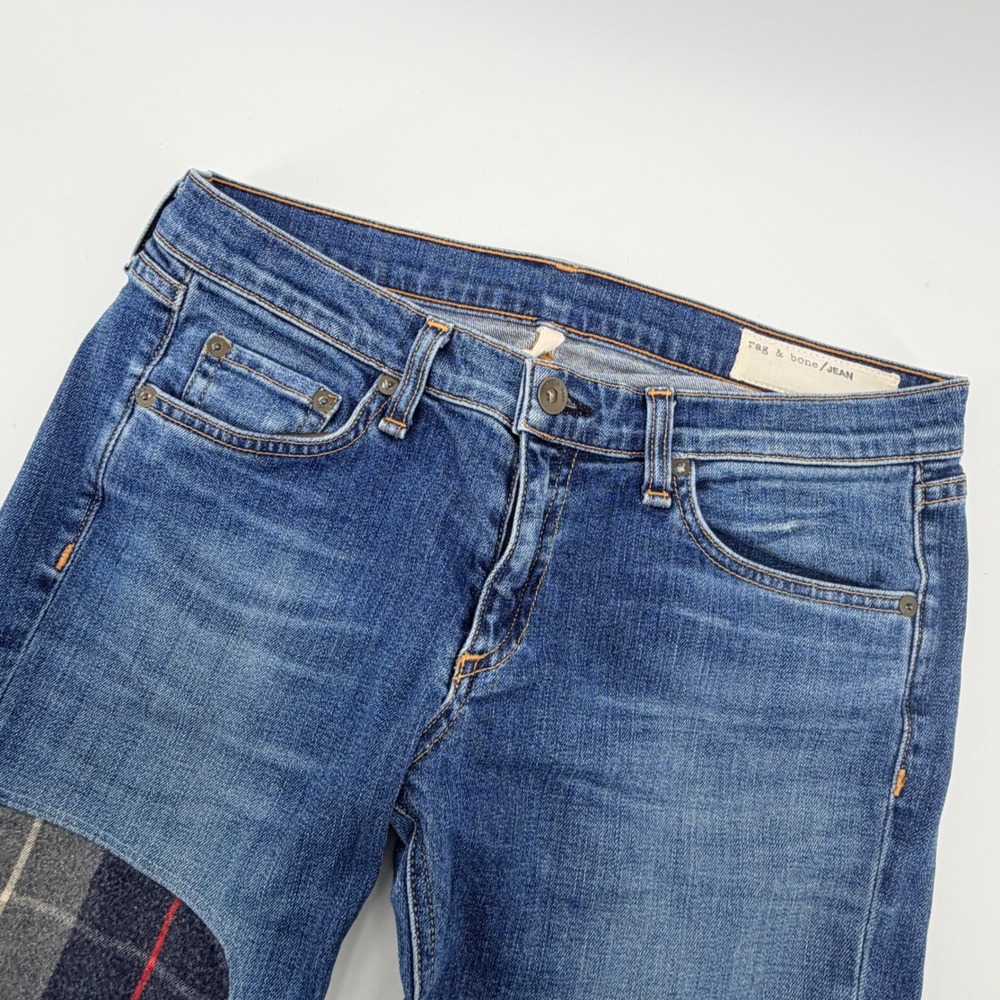 Rag & Bone The Dre Slim Boyfriend Jeans Womens 27 Blue Plaid Patchwork